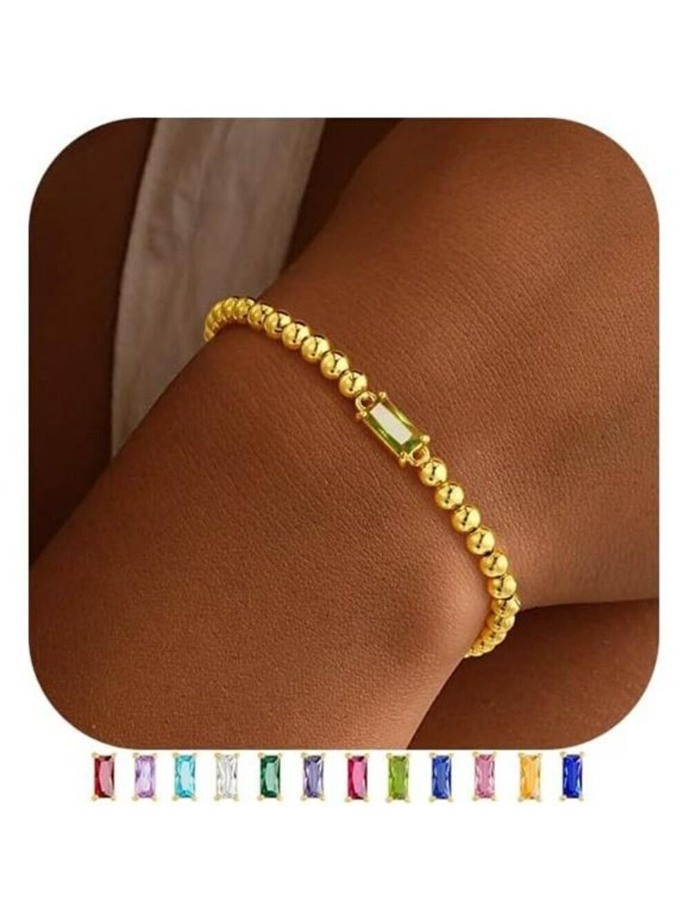 Dainty Birthstone Bead Bracelet 14K Gold Plated Elastic Jewelry Gift for Women